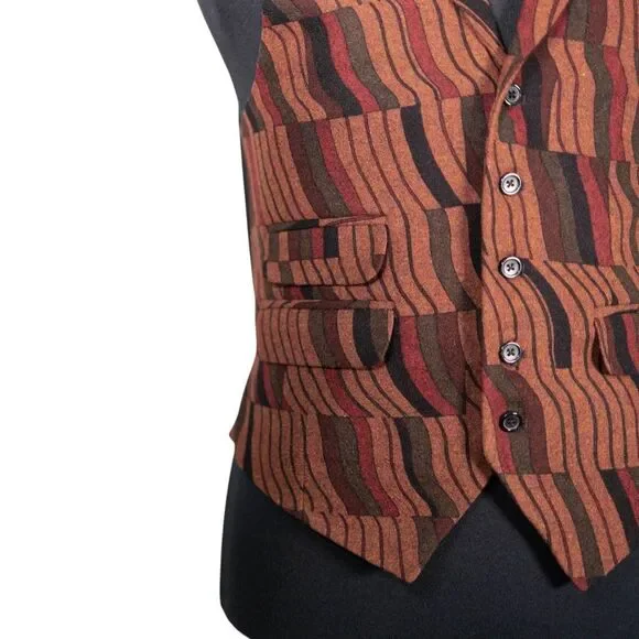 Mens 40R Wool Vest Brown Red Green Abstract Waistcoat Formal Wedding Groom Party